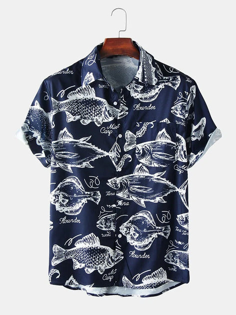 Mens Fishes Print Short Sleeve Casual Shirts With Pocket – Fydude