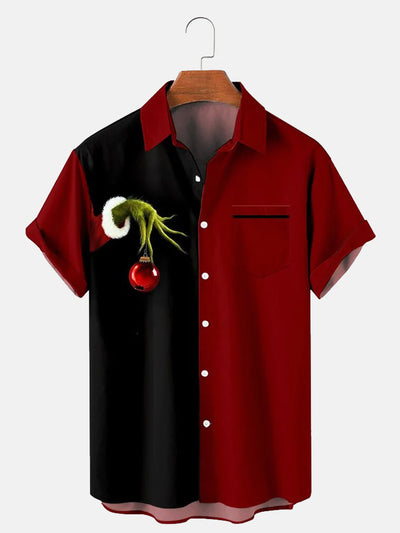 Fydude Men's Red Hand holding christmas ball Pocket Shirt