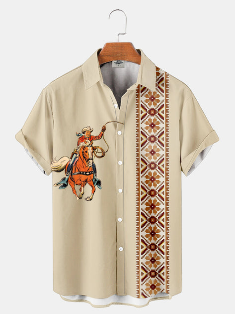 Fydude Men's western cowboy print shirt