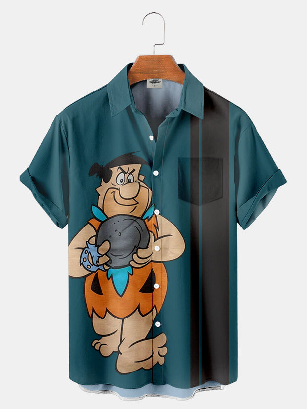 Fydude Men's Flintstones barney and fred bowling Printed Shirt